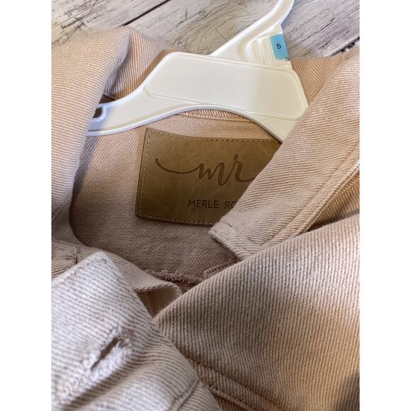 MR Merle Rose Off White Button Up Patch Sleeve Rumors Denim Jacket Size Small - Picture 3 of 4